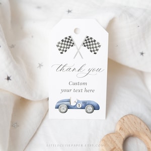 Edytowalny tag upominkowy na samochód wyścigowy, tag upominkowy na baby shower z motywem samochodu wyścigowego, etykieta na prezent do wydrukowania, impreza z samochodem wyścigowym, edytowalny tag z podziękowaniami 1003