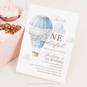 Editable Mr Onederful Birthday Invitation Template, 1st Birthday Invite for Blue Hot Air Balloon Party 2007