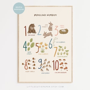 Boho Woodland Numbers, Woodland 123 Poster, Woodland Number Poster Numbers 1-10 for Kids Room, Nursery Wall Art, Digital Download WDL001