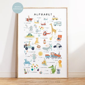 Póster ABC para niños Descarga digital, Póster del alfabeto para niños, Póster ABC para aprender el alfabeto, Decoraciones de arte de pared de guardería THG001