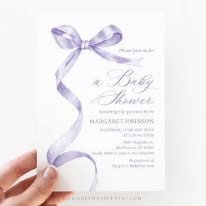 Editable Purple Bow Baby Shower Invite Card Template, Purple Ribbon Baby Shower Invitation 1017