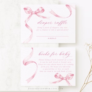 Editable Pink Bow Diaper Raffle and Books for Baby Template Pink Ribbon Editable Place Card for Baby Shower Party 1002