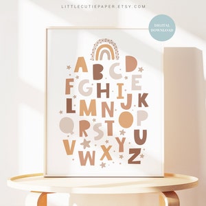 Boho alfabet poster digitale download, Boho alfabet print, Boho alfabet grafiek voor aardetinten kwekerij kinderkamer, ABC print BOHO001