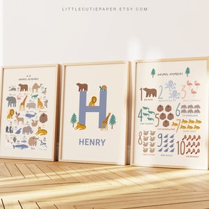 Nombre personalizado editable, alfabeto animal y póster de números, descarga digital, gráfico Abc y póster para aprender a contar números para niños ANM001