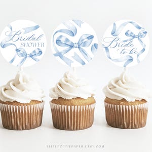 Editable Blue Bow Bride to Be Cupcake Toppers, Blue Bridal Shower Cupcake Toppers, Cupcake Labels, Bridal Shower Cupcake Tags 3005