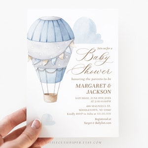 Bewerkbare blauwe luchtballon babyshower uitnodiging kaartsjabloon, reizen babyshower uitnodiging voor babyjongen 1007
