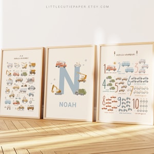 Poster digitale modificabile personalizzato con nome, alfabeto e numero del veicolo, trasporto, costruzione ABC, numeri delle auto fino a dieci VIHC001