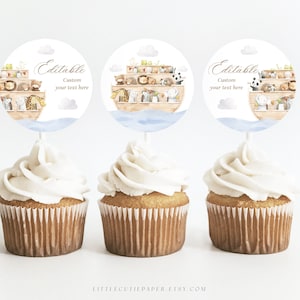 Editable Noahs Ark Cupcake Toppers Template, Noahs Ark Cake Toppers for Baby Shower or Birthday Party Decorations 1008