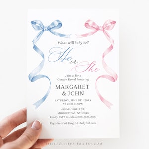 Editable Bow Gender Reveal Invitation Template, He or She Invitation, Pink Blue Invitation Mobile Invite, What Will Baby Be Boy Or Girl 3009
