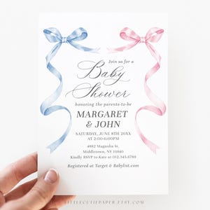 Plantilla editable de tarjeta de invitación para baby shower en azul y rosa, invitación para baby shower doble de niño y niña para baby shower de gemelos 1009