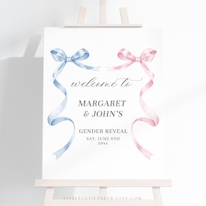 Editable Bow Gender Reveal Welcome Sign Template, Pink Blue Ribbon Welcome Sign, Welcome Poster Sign for Gender Reveal Party 3009