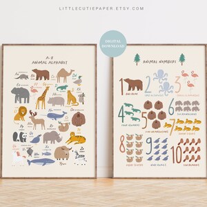 Alfabeto animal y números cartel descarga digital, gráfico Abc y aprender a contar números cartel para la decoración de la habitación de los niños, tema animal ANM001