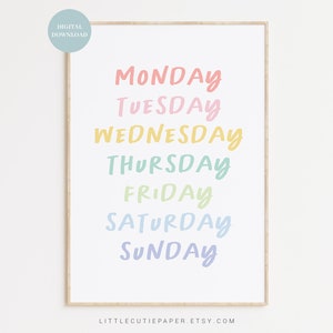 Cartel de los días del arco iris de la semana Descarga digital, Días del arco iris, Carteles Montessori para la habitación de los niños, Sala de juegos del arco iris RNB001