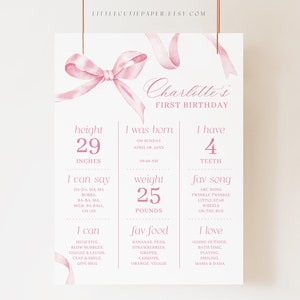 Bearbeitbares Pink Ribbon-Geburtstags-Meilensteinplakat, Rosa Schleifen-Meilensteintafel, Mädchen zum ersten Geburtstag-Meilenstein Pink Bow Poster 2003
