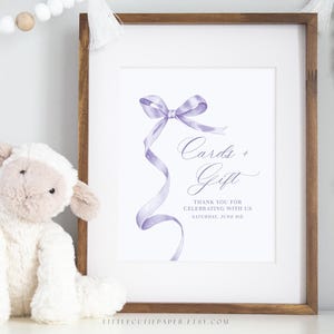Editable Purple Bow Baby Shower Sign, Purple Ribbon Birthday Sign, Minimalist Customized Shower Sign for Baby Shower or Birthday 1017