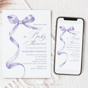 Editable Purple Bow Baby Shower Invitation Template, with Purple Ribbon Baby Shower Evite with Diaper Raffle and Books for Baby 1017