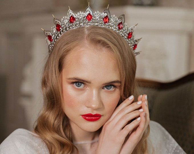 LINDA Red Spiked Wedding Tiara Silver Red Wedding Crown Etsy
