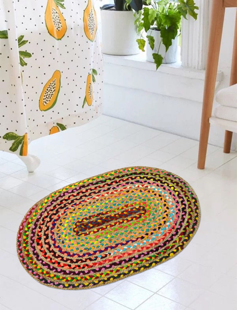 Livinparadise 100% Natural Hand Woven Jute Oval Rug Natural jute with multicolour chindi area rug 24 by 36 Inch image 1