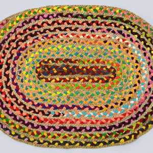 Livinparadise 100% Natural Hand Woven Jute Oval Rug Natural jute with multicolour chindi area rug 24 by 36 Inch image 2