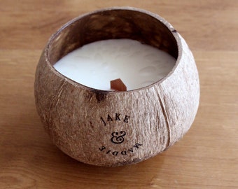 Un-Scented Wooden Wick Soy Wax Lead Free Jake & Maddie Coconut Shell Candle. Vegan Cruelty Free Soy Wax Coconut Shell Un-Scented Candle