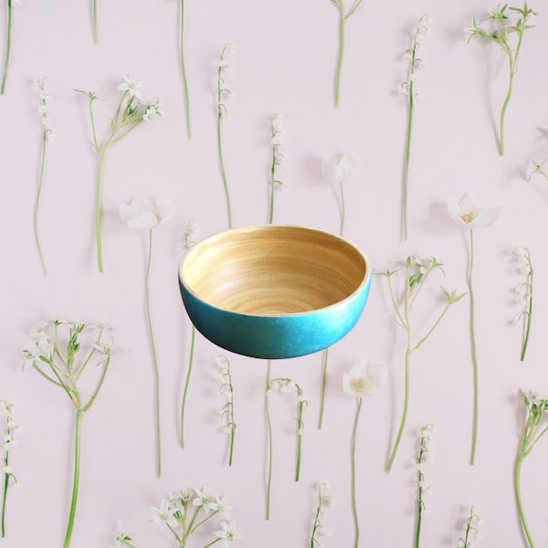 100% Bamboo Bowl Jake & Maddie Turquoise Blue Lacquer Paint Metallic Best Vegan Gift Hand Painted Bamboo Tableware Bowl Natural Eco-Friendly