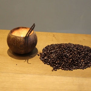 Vanilla Coffee Scent Wooden Wick Soy Wax Lead Free Jake & Maddie Coconut Shell Candle. Vegan Cruelty Free Soy Wax Coconut Shell Candle
