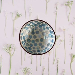 Coconut Bowl Jake & Maddie Blue Polka Dot Lacquer Paint Metallic Best Vegan Gift Hand Painted Coconut Bowls Eco-Friendly Coconut Bowl