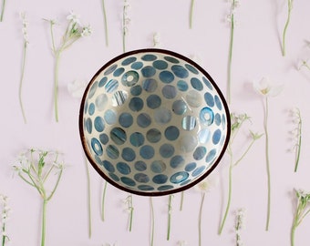 Coconut Bowl Jake & Maddie Blue Polka Dot Lacquer Paint Metallic Best Vegan Gift Hand Painted Coconut Bowls Eco-Friendly Coconut Bowl