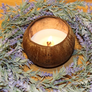 Lavender Scent Wooden Wick Soy Wax Lead Free Jake & Maddie Coconut Shell Candle. Vegan Cruelty Free Soy Wax Coconut Shell Lavender Candle