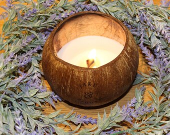 Lavender Scent Wooden Wick Soy Wax Lead Free Jake & Maddie Coconut Shell Candle. Vegan Cruelty Free Soy Wax Coconut Shell Lavender Candle