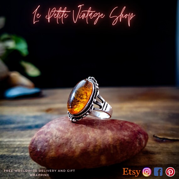 Vintage Baltic Amber Ring,  Boho Style Statement … - image 7