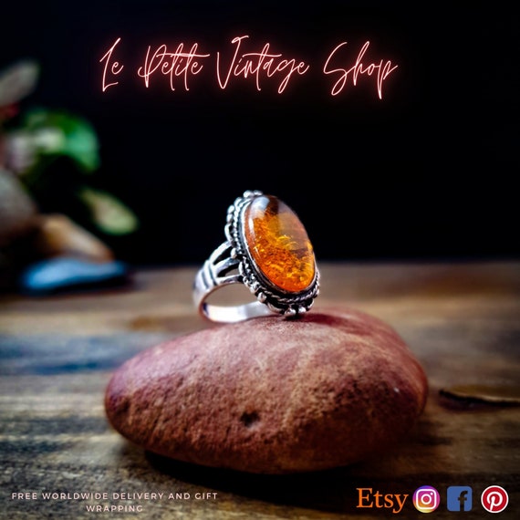 Vintage Baltic Amber Ring,  Boho Style Statement … - image 1