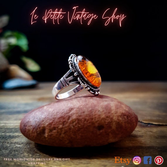 Vintage Baltic Amber Ring,  Boho Style Statement … - image 3