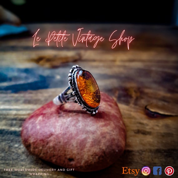Vintage Baltic Amber Ring,  Boho Style Statement … - image 2