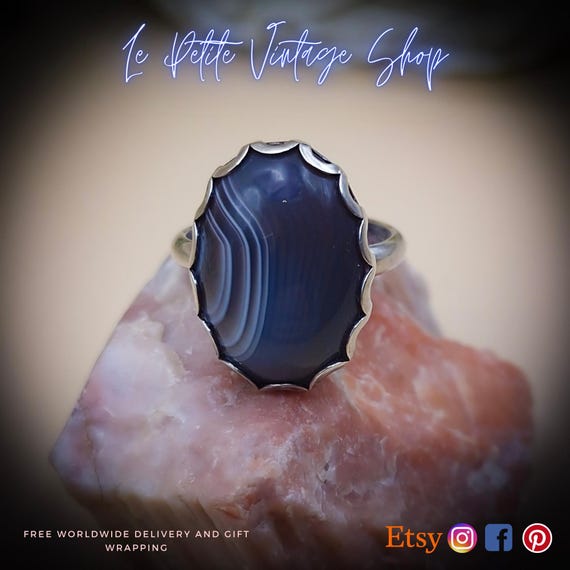 Vintage Sterling Silver, Botswana Agate, Adjustable Ring, Wave Style Setting, Healing Jewellery
