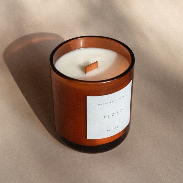 Fjord. Fig, Vetiver, Black Fruit and Cedar Scented Candle with Wood Wick. Scandinavian Inspired Homeware. Hygge Interior.