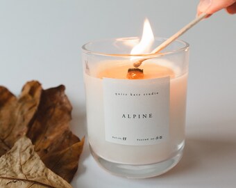 ALPINE. Pine Needle Essential Oil, Clove Leaf, Thyme and Cedar Candle | Wood Wick | Vegan | Handmade | Eco | Minimalist decor