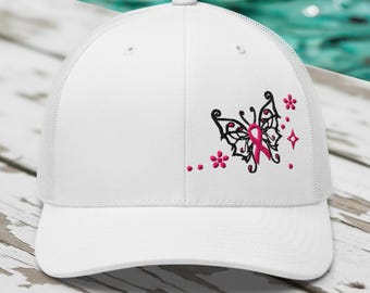 Gorra de camionero para concienciación sobre el cáncer de mama: gorra con mariposa bordada con lazo rosa.