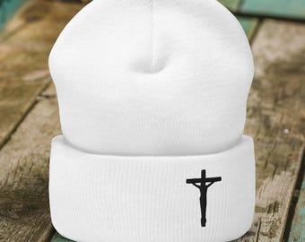 Vintage Brand New Y2K White & Black Crucifix Graphic Beanie Hat