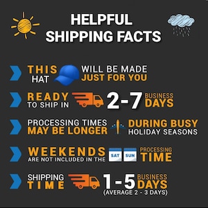 May include: A graphic with helpful shipping facts for a hat. The graphic shows a sun, a cloud with rain, a hat, a delivery truck, an airplane, and a calendar. The text says "This hat will be made just for you", "Ready to ship in 2-7 business days", "Processing times may be longer during busy holiday seasons", "Weekends are not included in the processing time", and "Shipping time is 1-5 business days (average 2-3 days)".