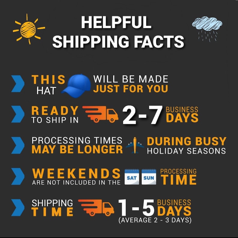 May include: A graphic with helpful shipping facts for a hat. The graphic shows a sun, a cloud with rain, a hat, a delivery truck, an airplane, and a calendar. The text says "This hat will be made just for you", "Ready to ship in 2-7 business days", "Processing times may be longer during busy holiday seasons", "Weekends are not included in the processing time", and "Shipping time is 1-5 business days (average 2-3 days)".