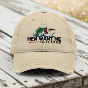 Men Want Me Fish Fear Me Hat: Embroidered Distressed Baseball Cap