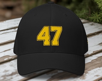 Trump 47 Flexfit Hat: Gold American Flag Patriotic Fitted Cap