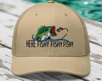 Here Fishy Bass Trucker Hat: Funny Fishing Angler Mesh Cap