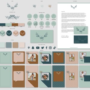Puede incluir: Un kit de marca con un logotipo que presenta un coraz&oacute;n y astas, paleta de colores, iconos de redes sociales y papeler&iacute;a. La combinaci&oacute;n de colores incluye tonos de verde, marr&oacute;n y rosa. El kit incluye iconos y plantillas de Instagram.