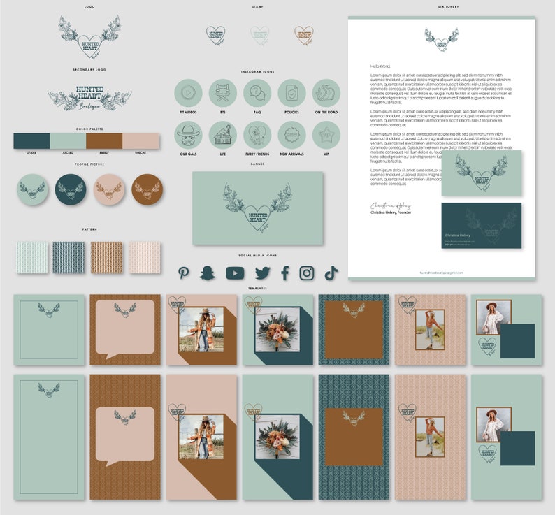 Puede incluir: Un kit de marca con un logotipo que presenta un coraz&oacute;n y astas, paleta de colores, iconos de redes sociales y papeler&iacute;a. La combinaci&oacute;n de colores incluye tonos de verde, marr&oacute;n y rosa. El kit incluye iconos y plantillas de Instagram.