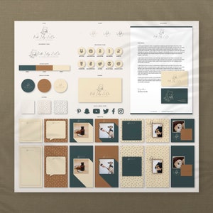 Puede incluir: Un tablero de dise&ntilde;o que presenta la marca "Kit Lily & Co", con variaciones de logotipo, paletas de colores, iconos de redes sociales y plantillas de papeler&iacute;a. La combinaci&oacute;n de colores incluye tonos de verde, marr&oacute;n y beige. El logotipo incluye una ilustraci&oacute;n de perro.