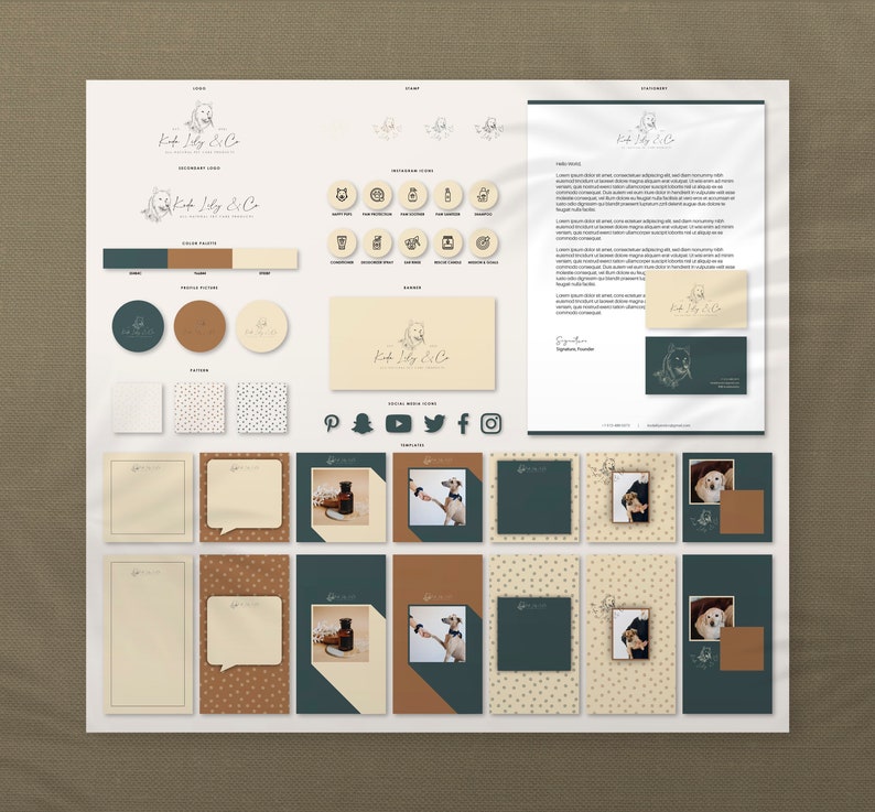 Puede incluir: Un tablero de dise&ntilde;o que presenta la marca "Kit Lily & Co", con variaciones de logotipo, paletas de colores, iconos de redes sociales y plantillas de papeler&iacute;a. La combinaci&oacute;n de colores incluye tonos de verde, marr&oacute;n y beige. El logotipo incluye una ilustraci&oacute;n de perro.