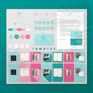 Puede incluir: Un kit de branding con una combinaci&oacute;n de colores turquesa y rosa. El kit incluye un logotipo, iconos de Instagram, paleta de colores, patrones, iconos de redes sociales y plantillas. El logotipo dice "Nathan Books".