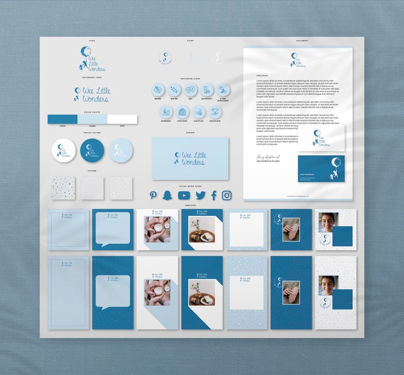 Puede incluir: Dise&ntilde;o de marca y papeler&iacute;a con logotipo, paleta de colores, iconos de redes sociales y plantillas. El logotipo incluye el texto "Wee Little Wonders" con una luna creciente y estrellas. La combinaci&oacute;n de colores es principalmente azul y blanco.